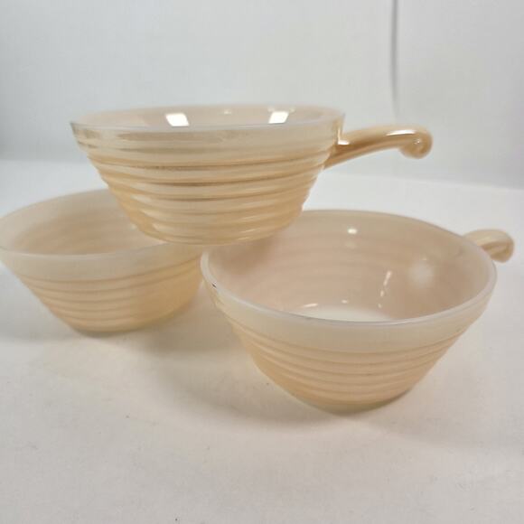 Vintage Fire King Peach Luster Set Of 3 Ovenware Beehive Soup Bowls With Handles - Picture 1 of 10